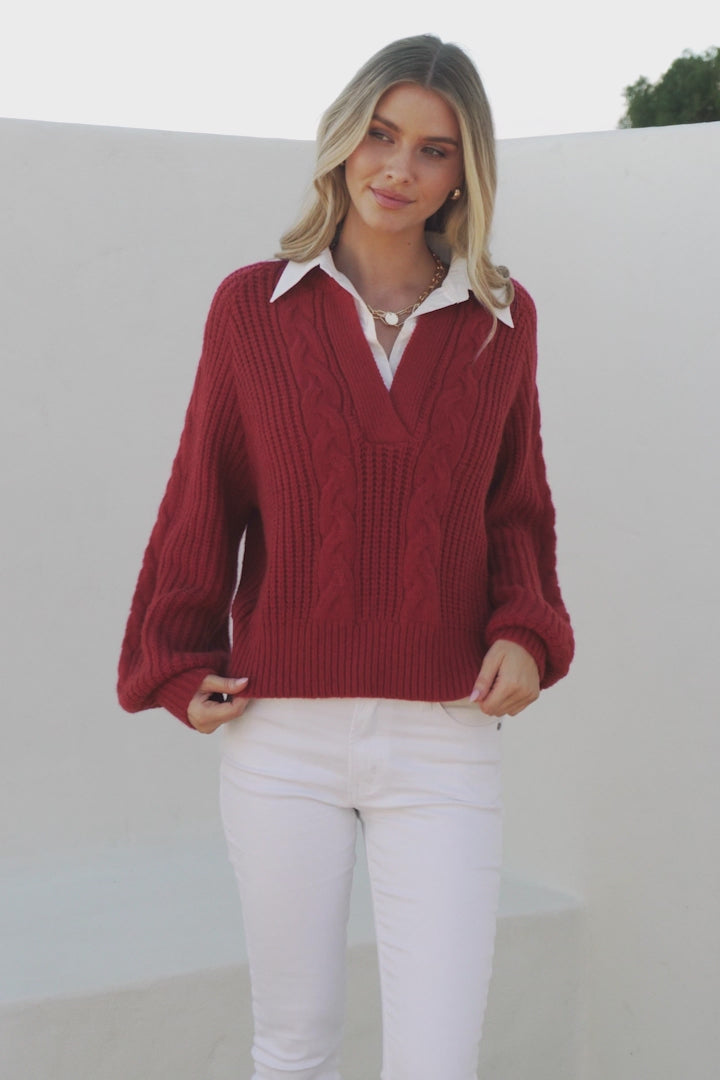 Cher Jumper - Sewn in Collar V-Neck Cable Knit Jumper in Wine