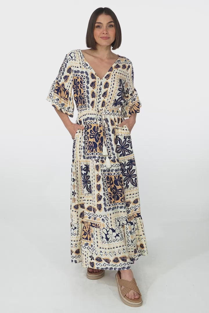 Rae Maxi Dress - Buttoned Bodice Pull Waist A Line Dress in Alphy Print