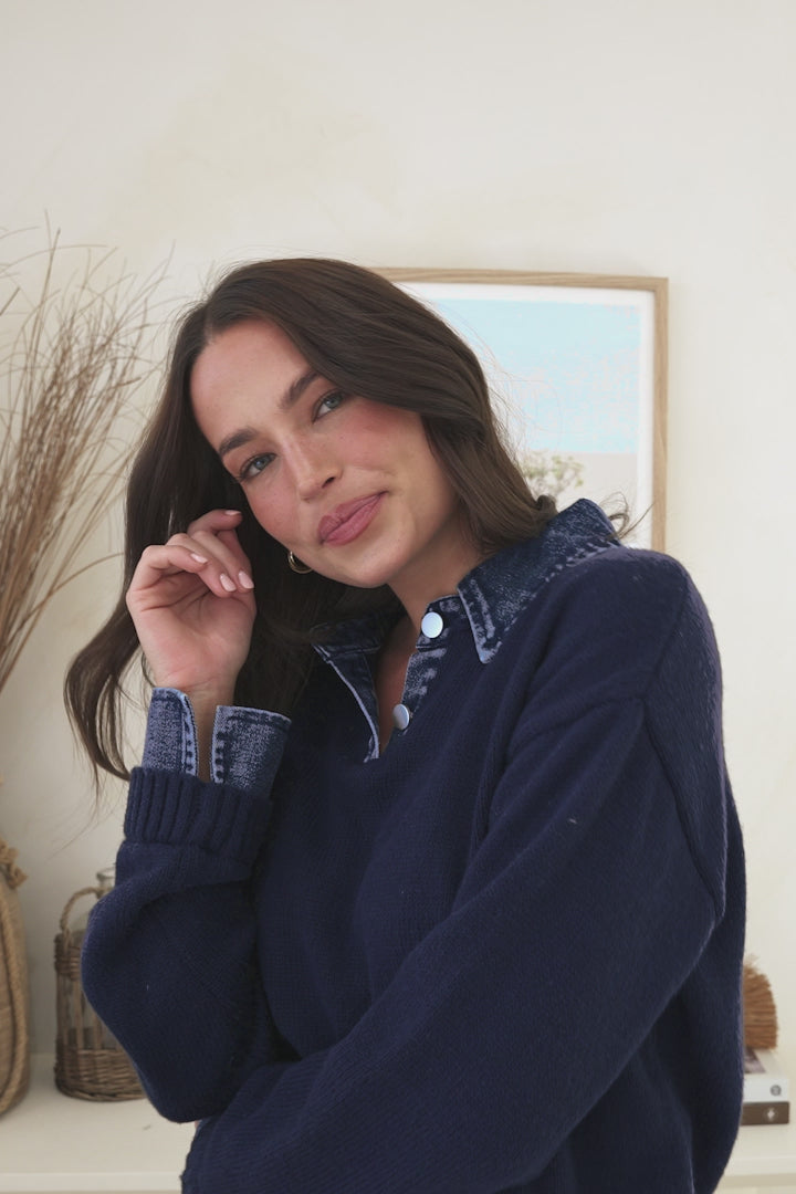Maddie Jumper - Denim Wing Collar and Cuff Knit Pullover in Navy