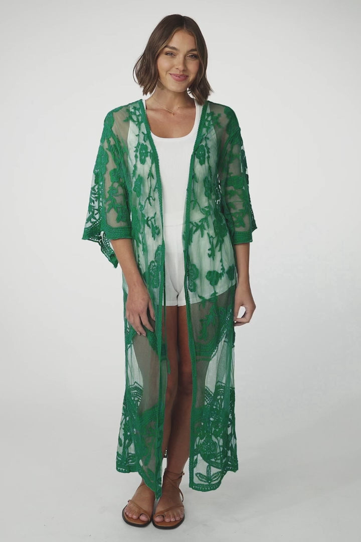 Haylo Kimono - Floral Lace Kimono with Scallop Hemline in Emerald