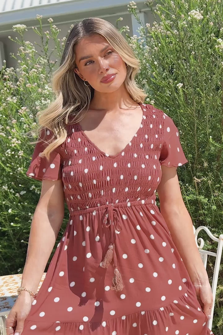 Amaya Midi Dress - Shirred Cap Sleeve A Line Dress in Parisian Polka Rust