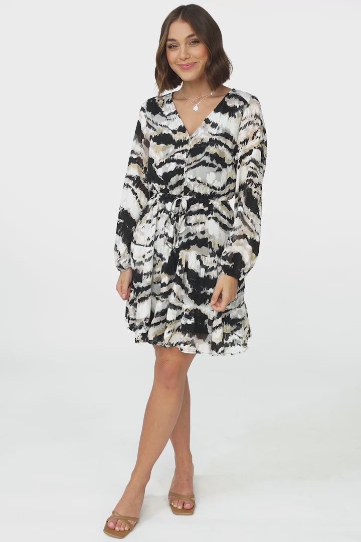 Alicia Mini Dress - A Line Tiered Dress with Pull Tie Waist in Raye Print Black