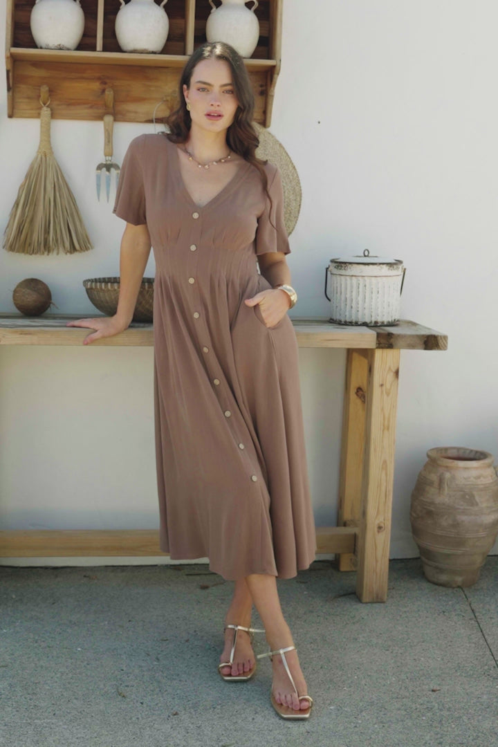 Stellar Midi Dress - Flutter Sleeve A-Line Dress with Pin Tuck Waist Detail in Chocolate