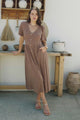 Stellar Midi Dress - Flutter Sleeve A-Line Dress with Pin Tuck Waist Detail in Chocolate