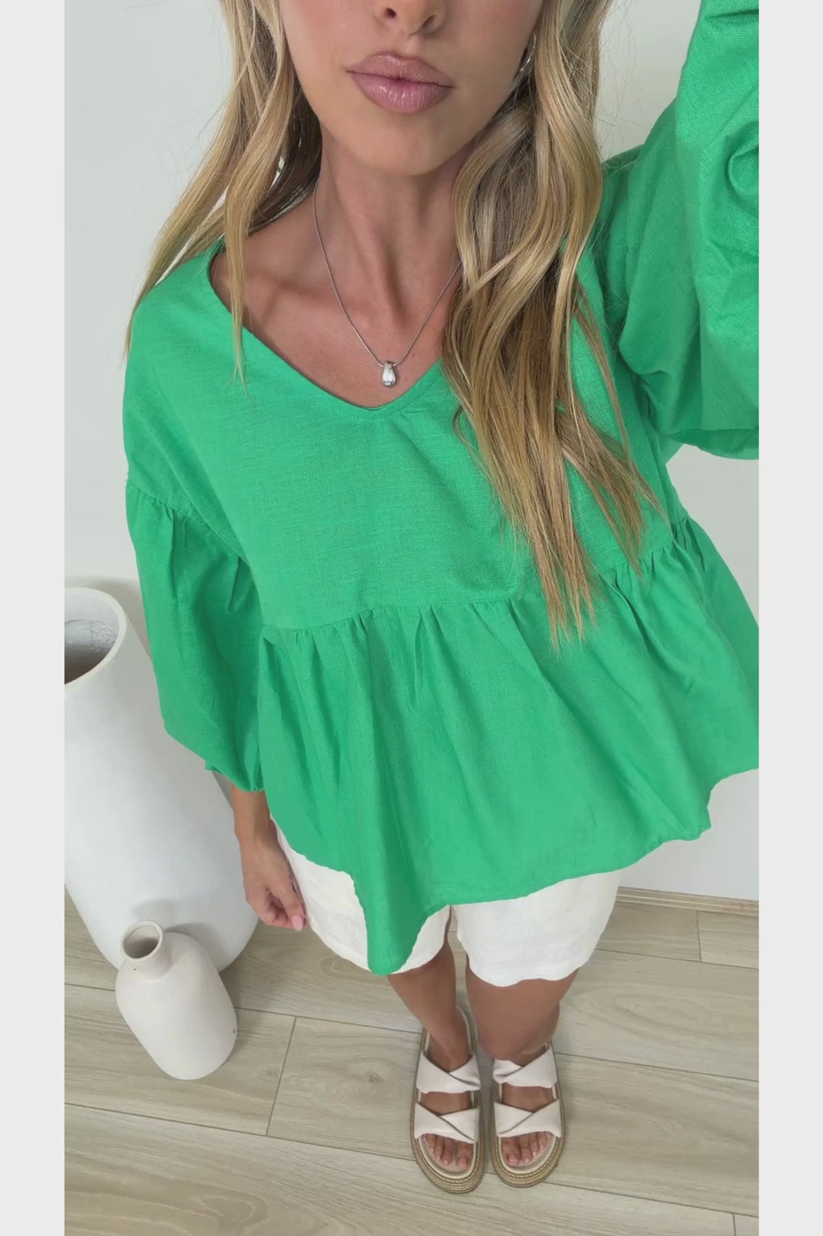 Wynter Top - Soft V Neck Peplum Top with Balloon Sleeves in Green