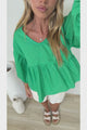 Wynter Top - Soft V Neck Peplum Top with Balloon Sleeves in Green
