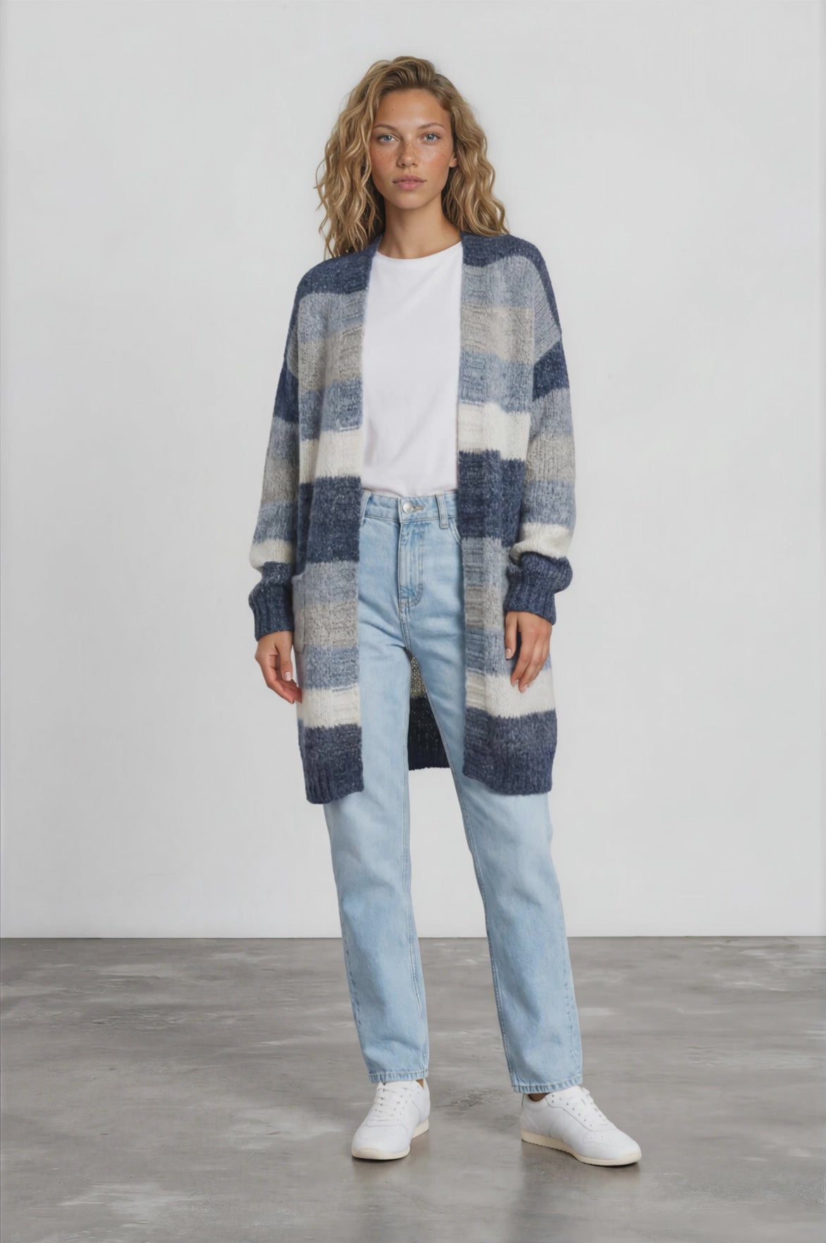 Tess Cardigan - Open Front Stripe Knit with Pockets in Blue