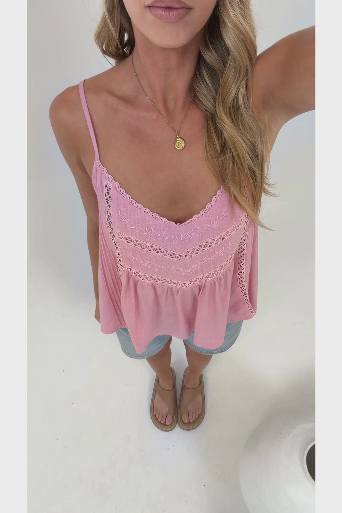 Kaydra Top - Delicate Lace Detailed Cami with Adjustable Straps in Pink