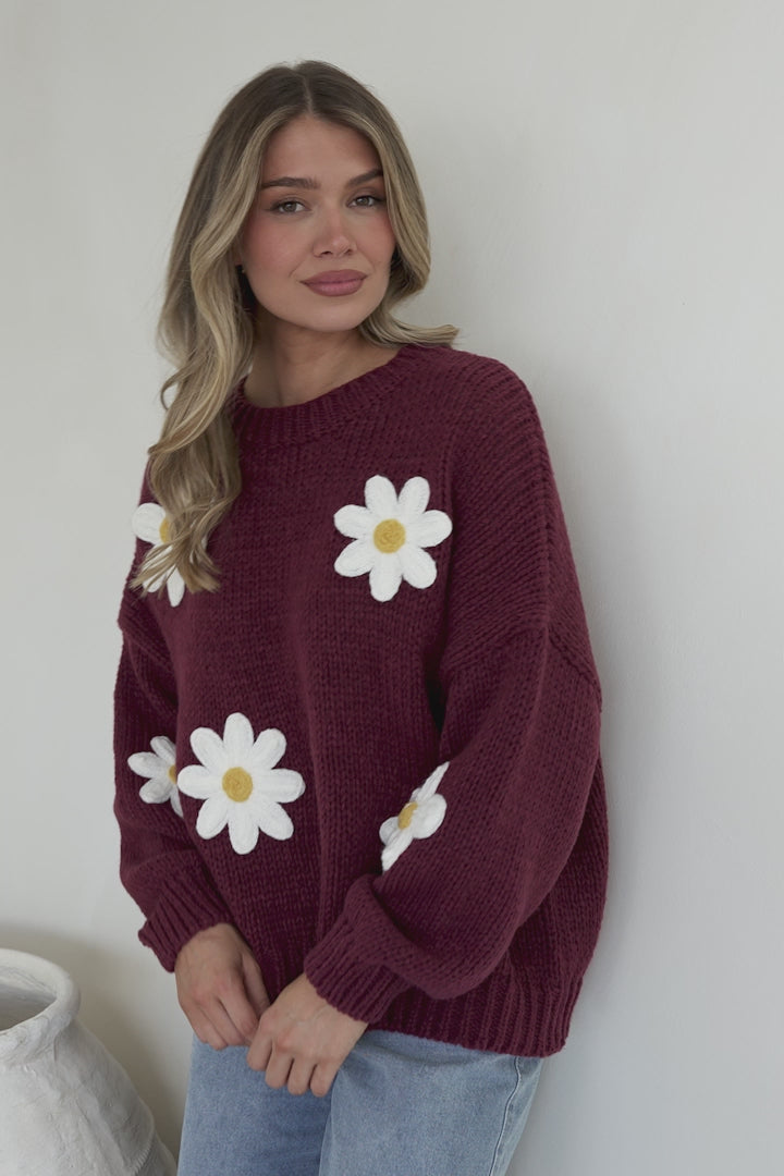 Amara Jumper - Crew Neck Floral Motif Knit with Ribbed Hemlines in Wine