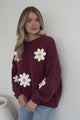 Amara Jumper - Crew Neck Floral Motif Knit with Ribbed Hemlines in Wine