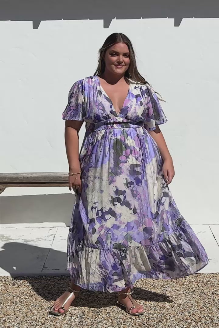 Glades Maxi Dress - V Neck Shirred Waist A Line Dress in Kamara Print Lilac