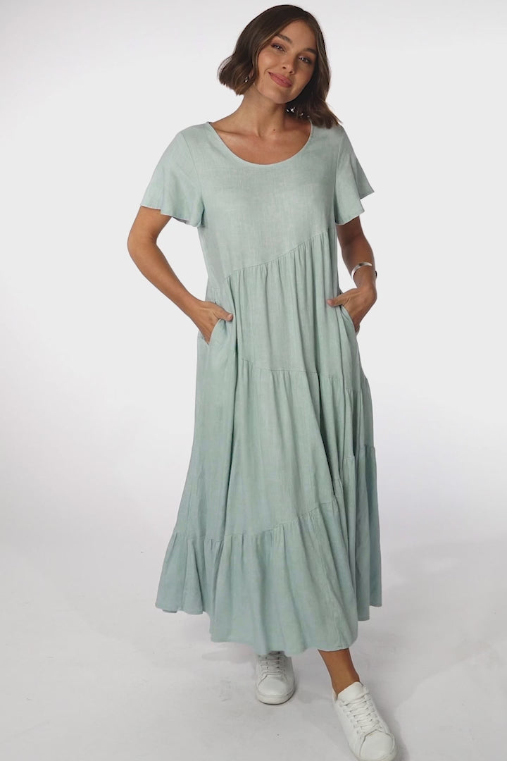 Allegra Midi Dress - Relaxed Asymmetric Tiered Linen Smock Dress in Sky Blue