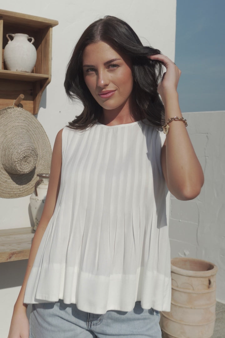 Cassidy Top - Crew Neck Sleeveless Swing Top with Pleats in White
