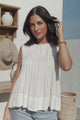Cassidy Top - Crew Neck Sleeveless Swing Top with Pleats in White