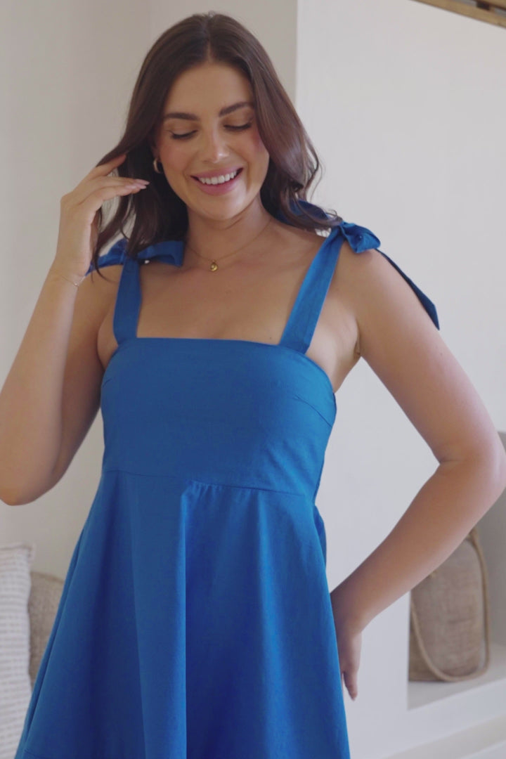 Faris Mini Dress - Tie Up Strap Cotton Sun Dress in Blue