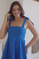 Faris Mini Dress - Tie Up Strap Cotton Sun Dress in Blue