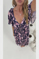 Caylee Midi Dress - V Neck On or Off Shoulder Empire Waist Dress with Short Sleeves in Hollis Print Navy