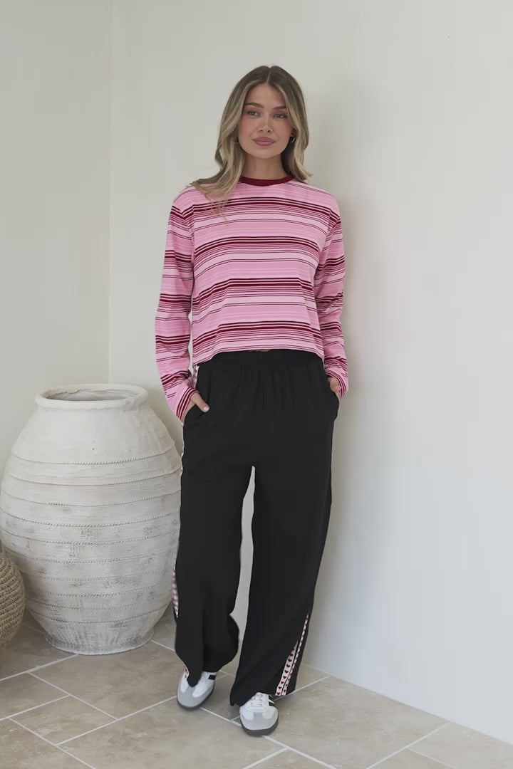 Brady Top - Crew Neck Relaxed Long Sleeve Cropped Tee in Pink Stripe