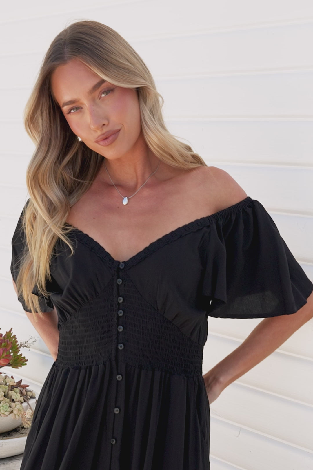 Marilyn Maxi Dress - On or Off Shoulder Button Front Dress with Flutter Sleeves and Pockets in Black