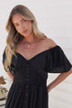 Marilyn Maxi Dress - On or Off Shoulder Button Front Dress with Flutter Sleeves and Pockets in Black