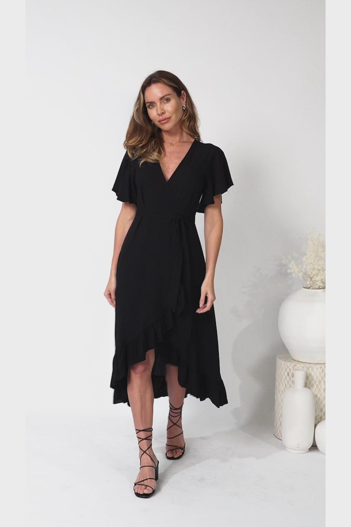 Carolina Midi Dress - V Neck Wrap Dress with Ruffle High Low Hemline in Black