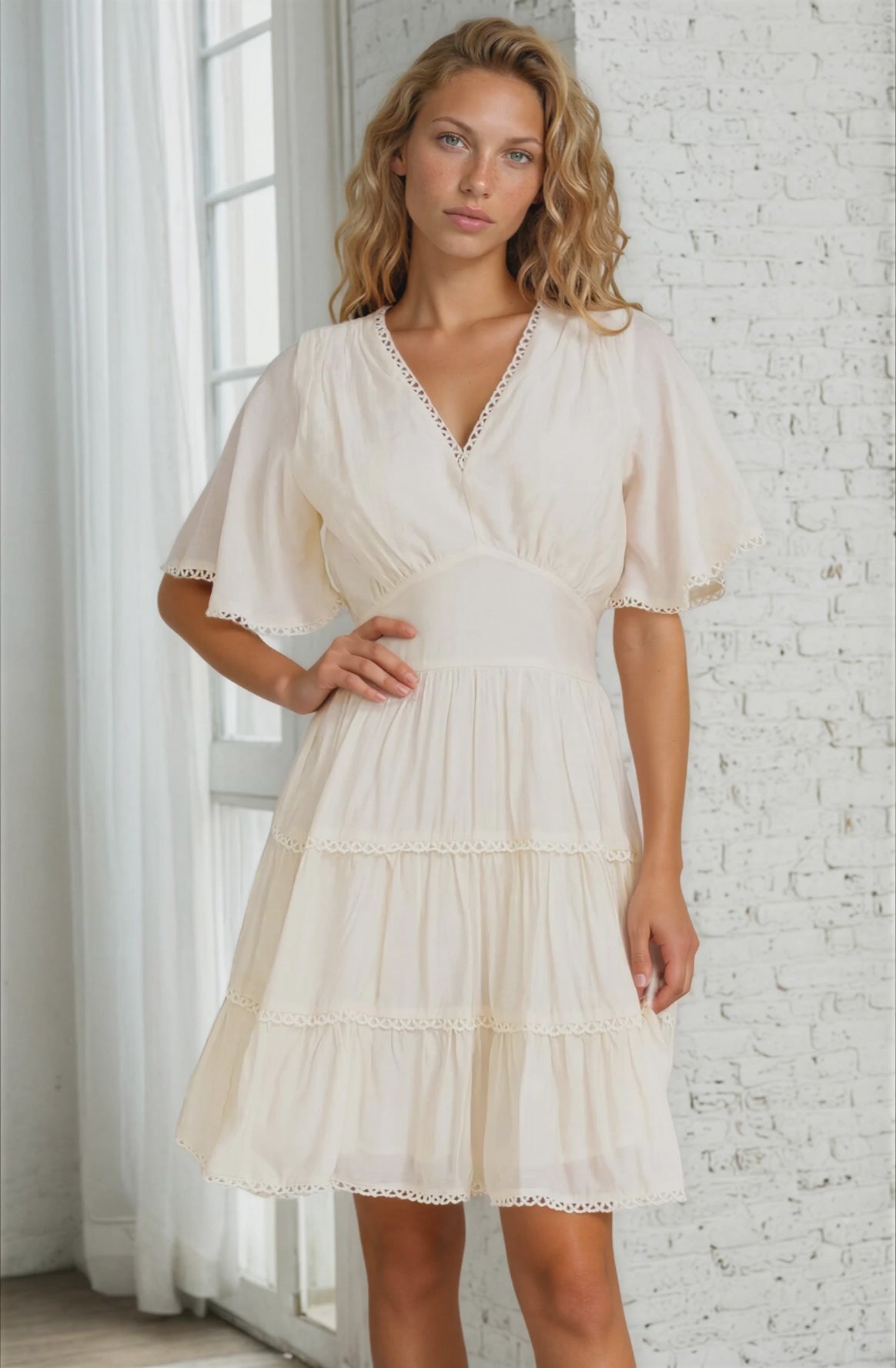 Nessie Mini Dress - Lace Trim Tiered Dress with Flutter Sleeves in Cream