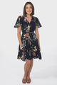 Elle Mini Dress - Buttoned Bodice A-Line Dress with Flute Sleeves in Raven Print Navy