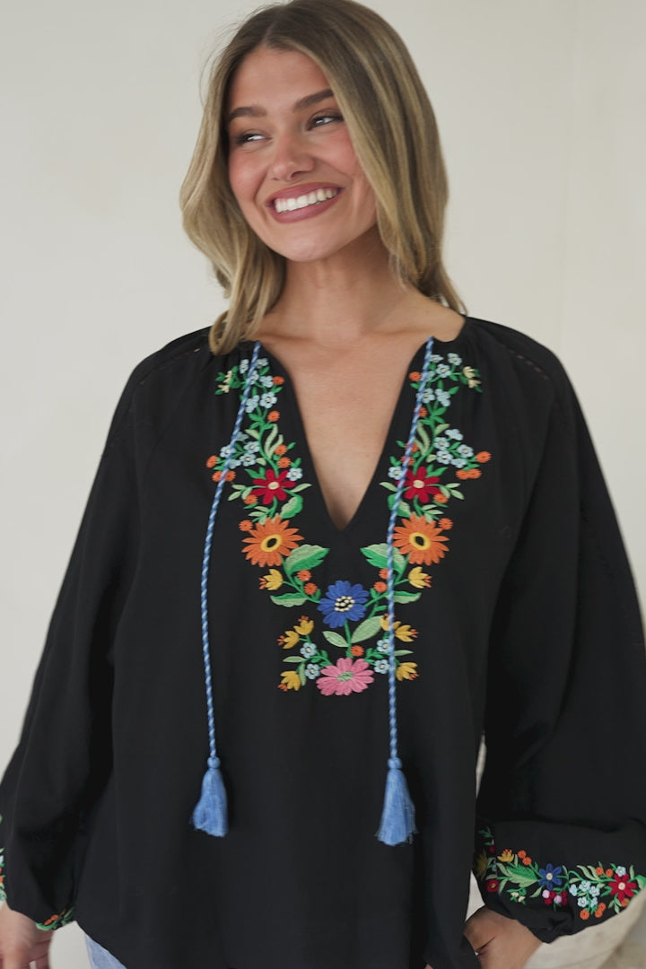 Margerie Top - Floral Embroidered Top with Long Sleeves in Black