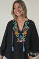 Margerie Top - Floral Embroidered Top with Long Sleeves in Black