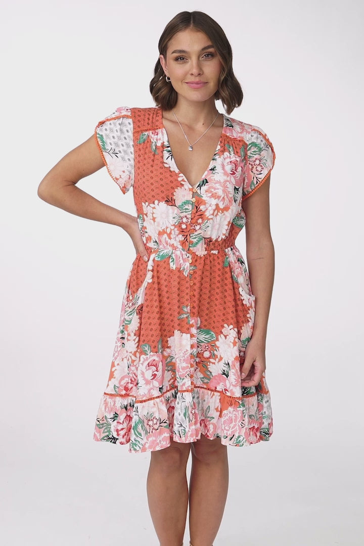 JAASE - Lizzie Mini Dress: Butterfly Cap Sleeve Button Down Dress with Pockets in Fleur Print