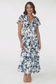 Tea Midi Dress - Pull In V Neckline Dress with Cap Sleeves in Charis Print Blue