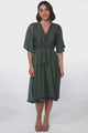 Satina Midi Dress - A Line Dress with Bell Sleeves in Emerald