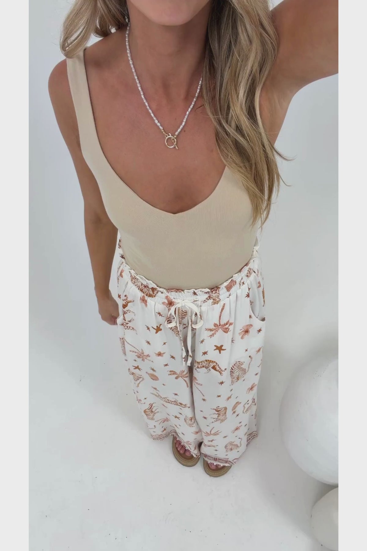 Charli Pants - Paper Bag High Waisted Wide Leg Pants in Andros Print
