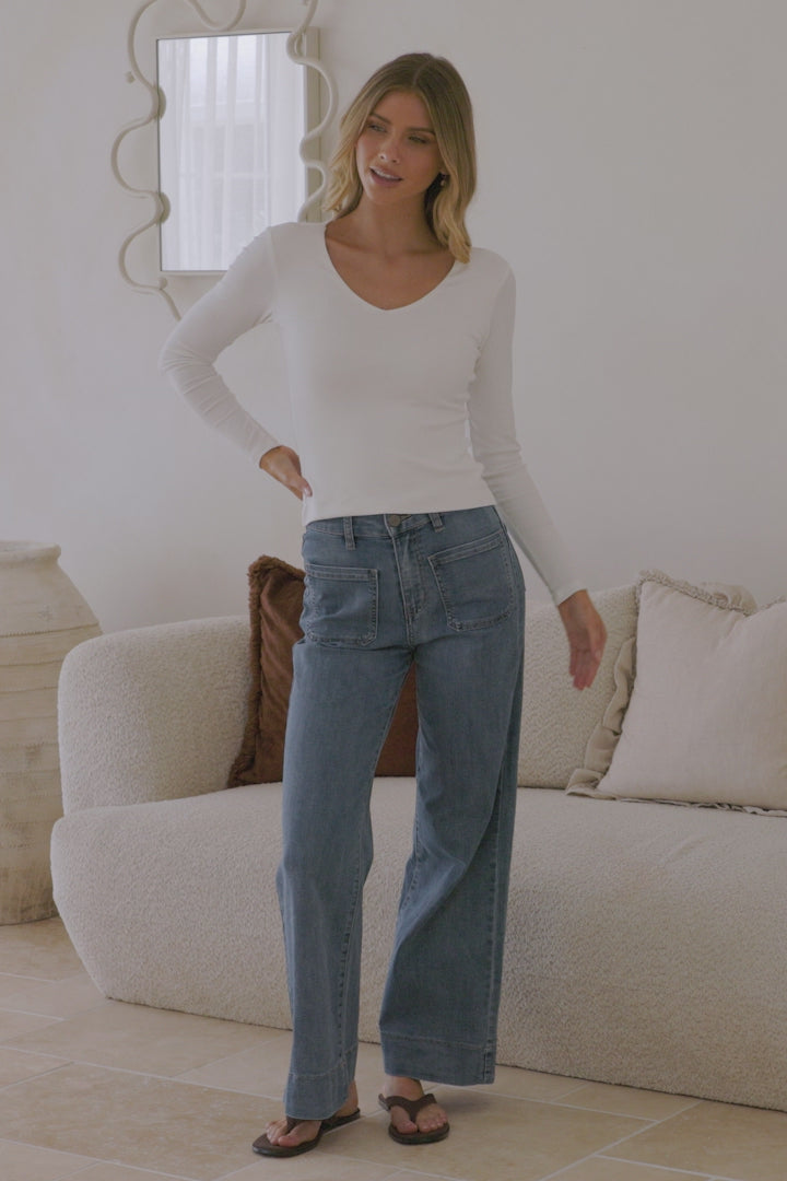 Cohen Top - Soft V Neck Stretchy Basic Top with Long Sleeves in White