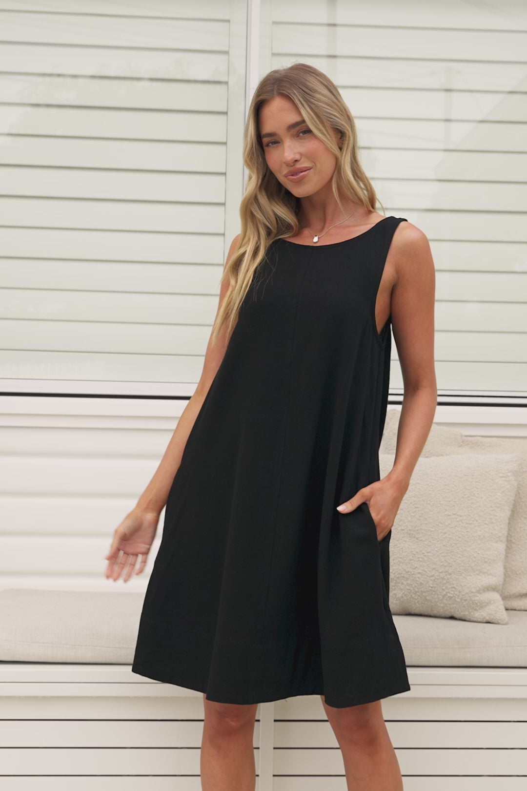 Corvina Mini Dress - Round Neck Swing Dress with Low Back Tie Detail in Black