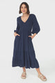 Lellah Midi Dress - Shirred Bodice Soft V Neck Tiered Dress in Navy