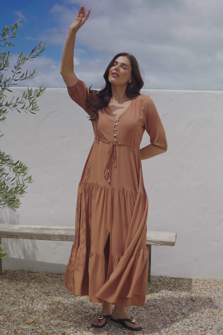 Rachel Maxi Dress - V-Neck 3/4 Sleeve Pull Tie Waist Tiered Dress in Tan