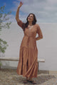 Rachel Maxi Dress - V-Neck 3/4 Sleeve Pull Tie Waist Tiered Dress in Tan