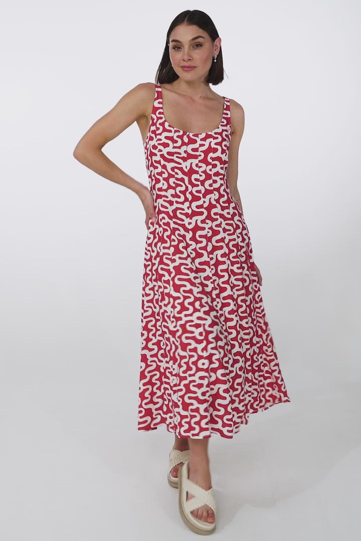 Truely Midi Dress - Scoop Neck Sun Dress with Adjustable Straps in Petra Print Red