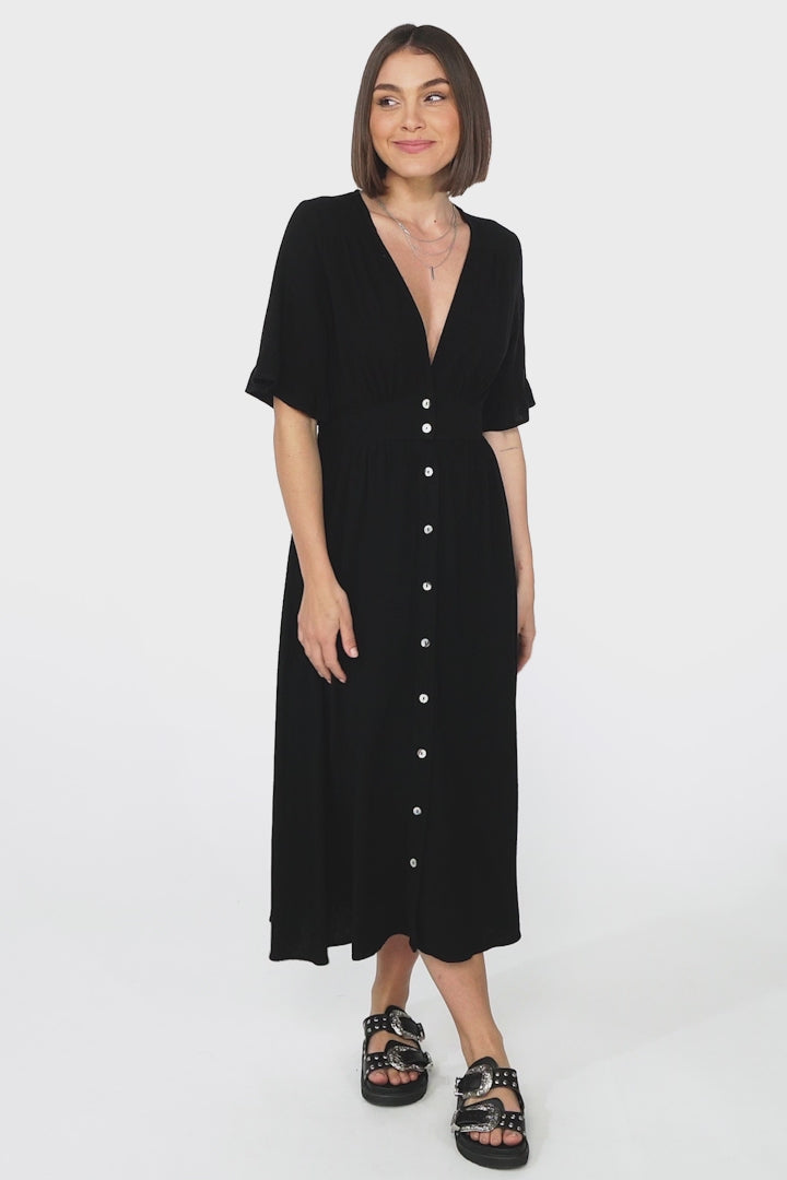 Rizelda Midi Dress - V Neck Button Through Dress with Bell Sleeves in Black