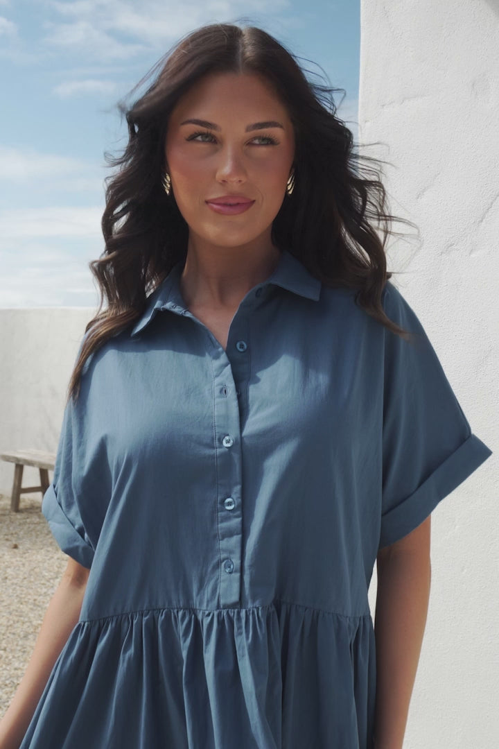 Estelle Mini Dress - Collared Tiered Smock Dress in Dark Blue