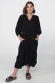 Kamali Midi Dress - Batwing Sleeve Smock Dress with Lace Detailing in Black