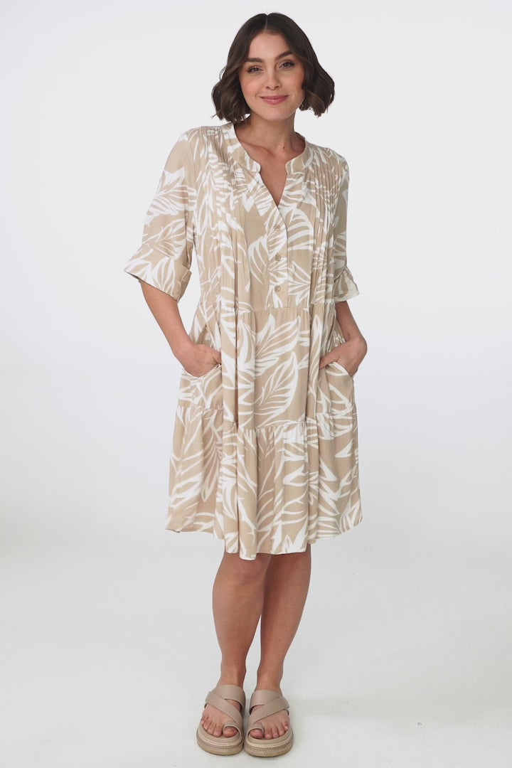 Evie Mini Dress - 3/4 Sleeve Tiered Smock Dress in Jeani Print Beige