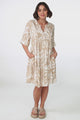 Evie Mini Dress - 3/4 Sleeve Tiered Smock Dress in Jeani Print Beige