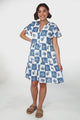 Hasley Mini Dress - Bermuda Collared Button Down Dress with Cap Sleeves in Flux Print Blue