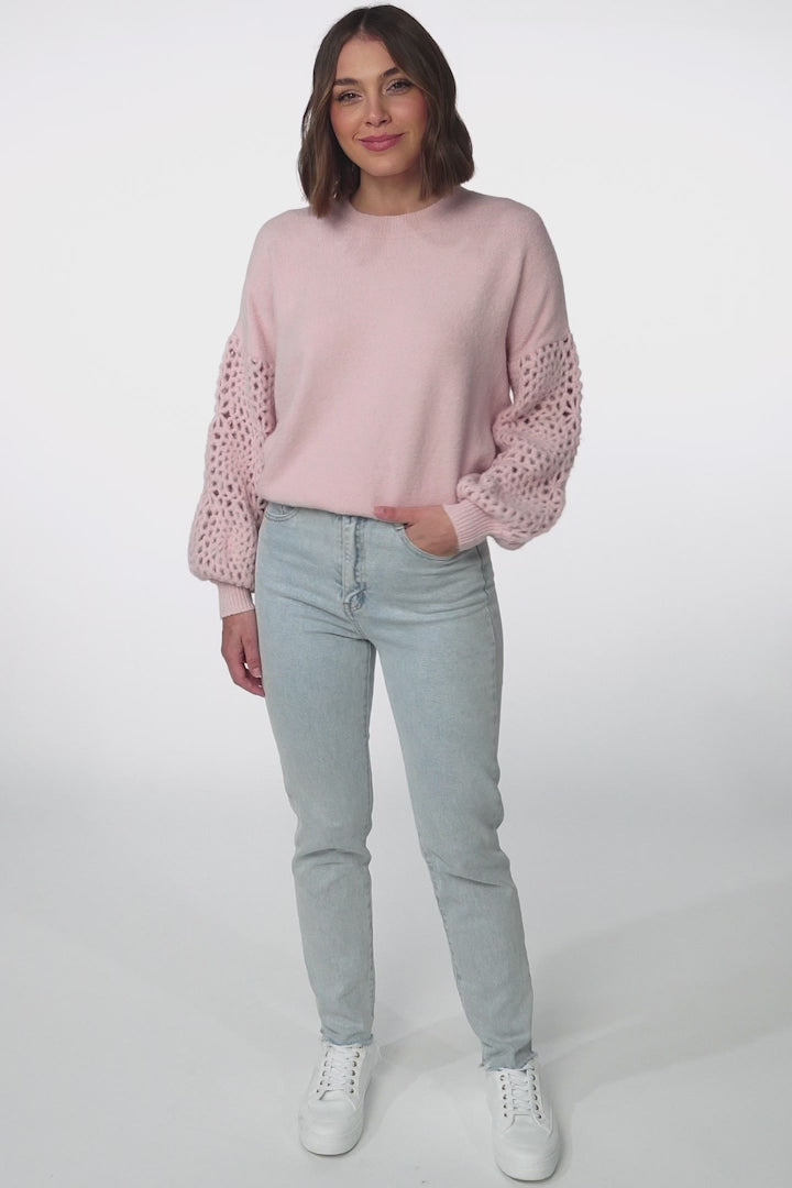 Roland Jumper -  Crew Neck Open Knit Sleeve Jumper in Pink