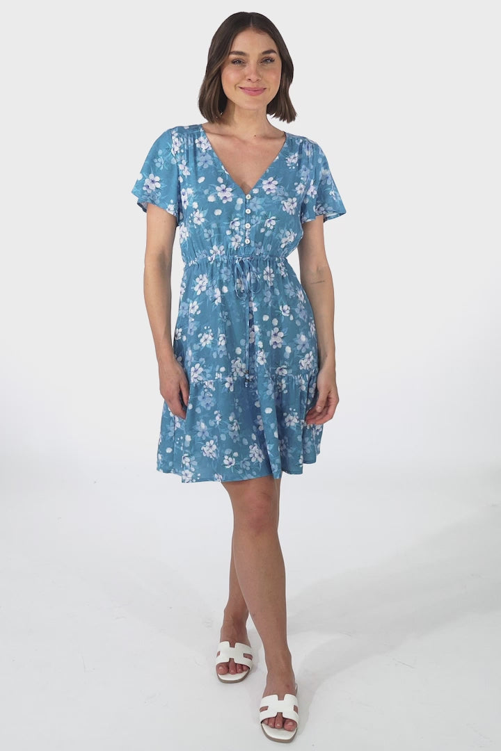 Malila Mini Dress - Cap Sleeve A Line Dress with Pull Tie Waist in Ishaka Print Blue