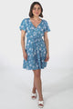 Malila Mini Dress - Cap Sleeve A Line Dress with Pull Tie Waist in Ishaka Print Blue