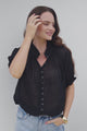 Luella Shirt - Subtle Textured Stripe Button Down with Puff Sleeves in Black