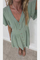 Karin Mini Dress - V Neck Flutter Sleeve Mini with Decorative Front Button Placket in Sage